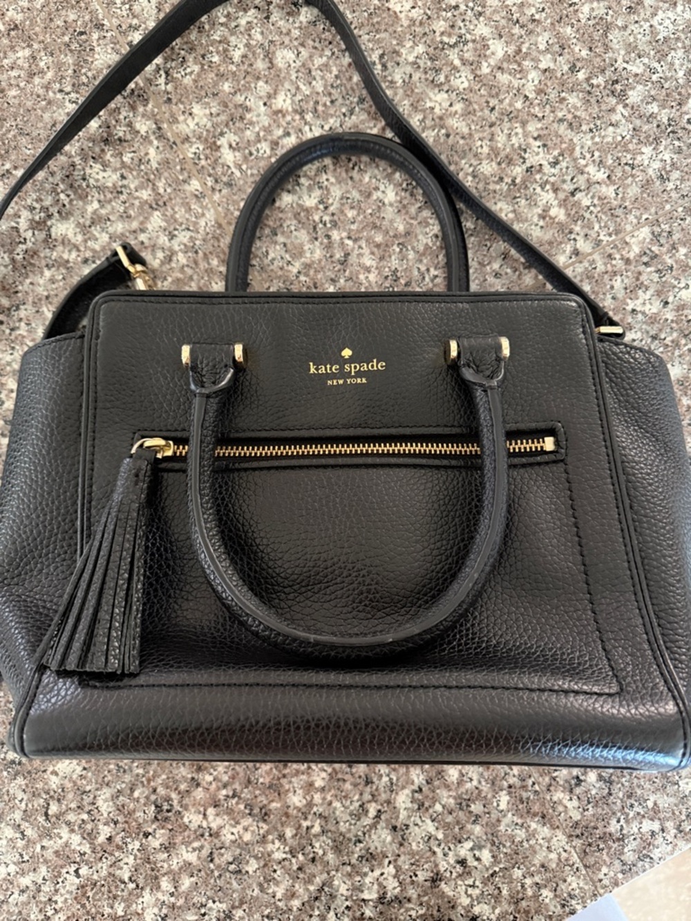 Kate Spade Black Pebbled Leather Satchel with Tassel and Gold Hardware